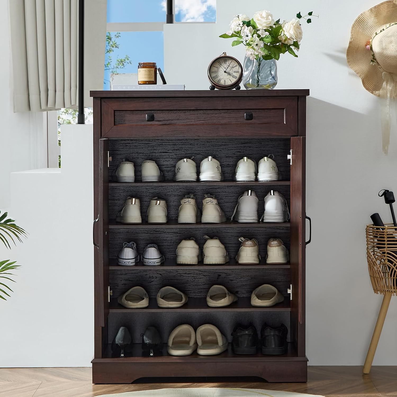 SOOWERY Shoe Cabinet with Drawer, Farmhouse Shoe Storage Cabinet with Doors, 5 Tiers Narrow Shoe Organizer for Entryway, Foyer, Hallway, Dark Cherry