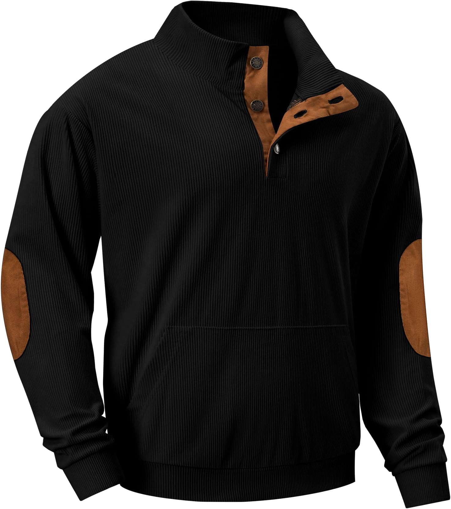 Mens Corduroy Sweatshirt Casual Stand Collar Quarter Fall Metal Button Pullover Sweaters Long Sleeve with Pockets