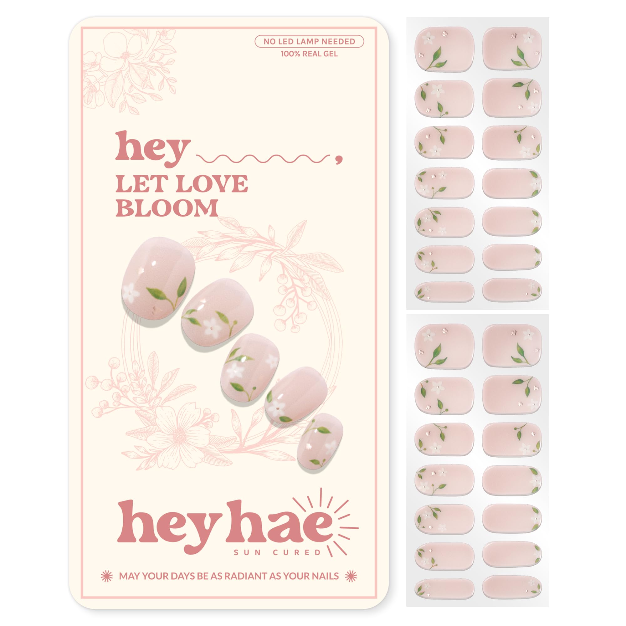 Heyhae Tiras de uñas de gel semicuradas de calidad de salón - Hey, Let Love Bloom