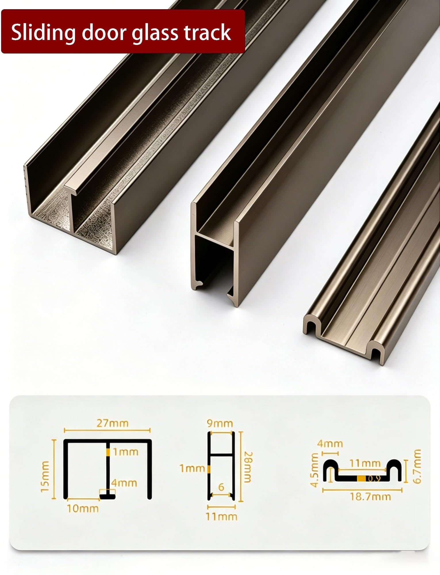 Zestaw prowadnic do szklanych drzwi przesuwnych 8 mm Podwójne szyny Aluminiowy osprzęt bez wiercenia 1 zestaw(Gold,63.0in/160cm)
