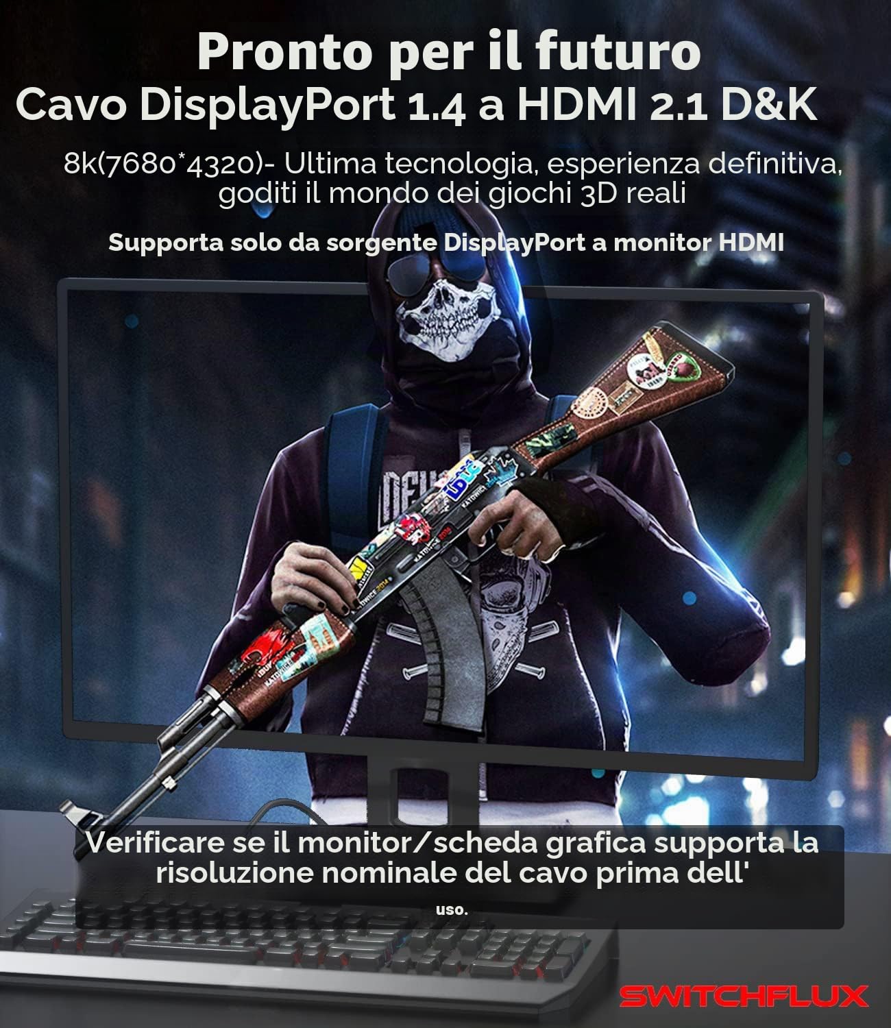 Cavo da DisplayPort a HDMI 8K da 1,8 m [8K a 60Hz, 4K a 120Hz, 2K a 144Hz] Unidirezionale DP Source a display HDMI, cavo intrecciato da DisplayPort 1.4 a HDMI 2.1 per AMD, NVIDIA