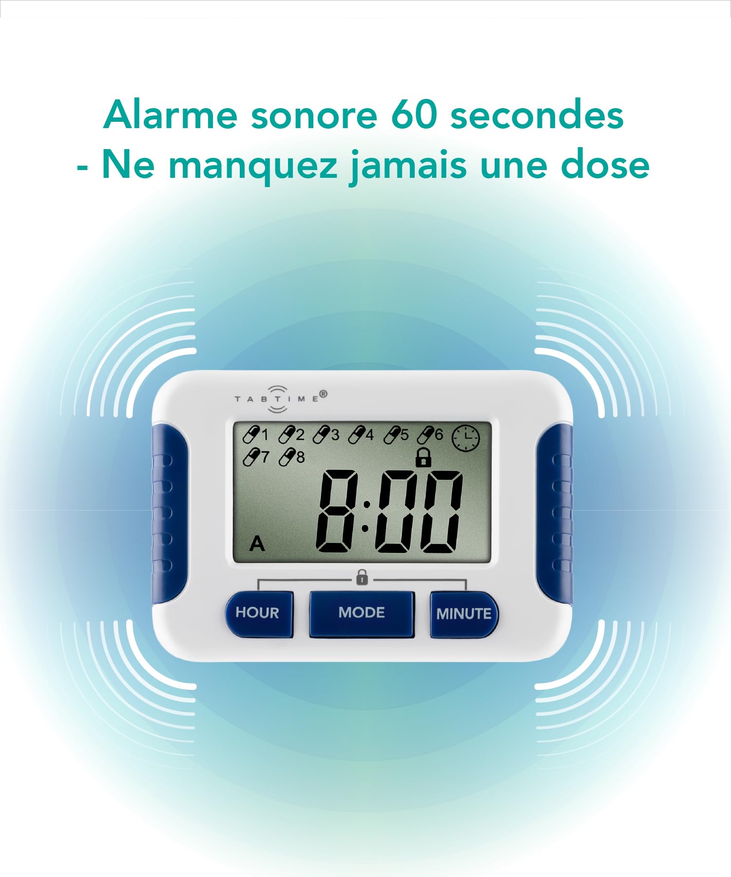 TabTime Timer (mode d'emploi en Français), Multi-alarmes de rappel à medicaments, jusqu'à 8 alarmes journalières, outil indispensable pour les personnes atteintes de Parkinson