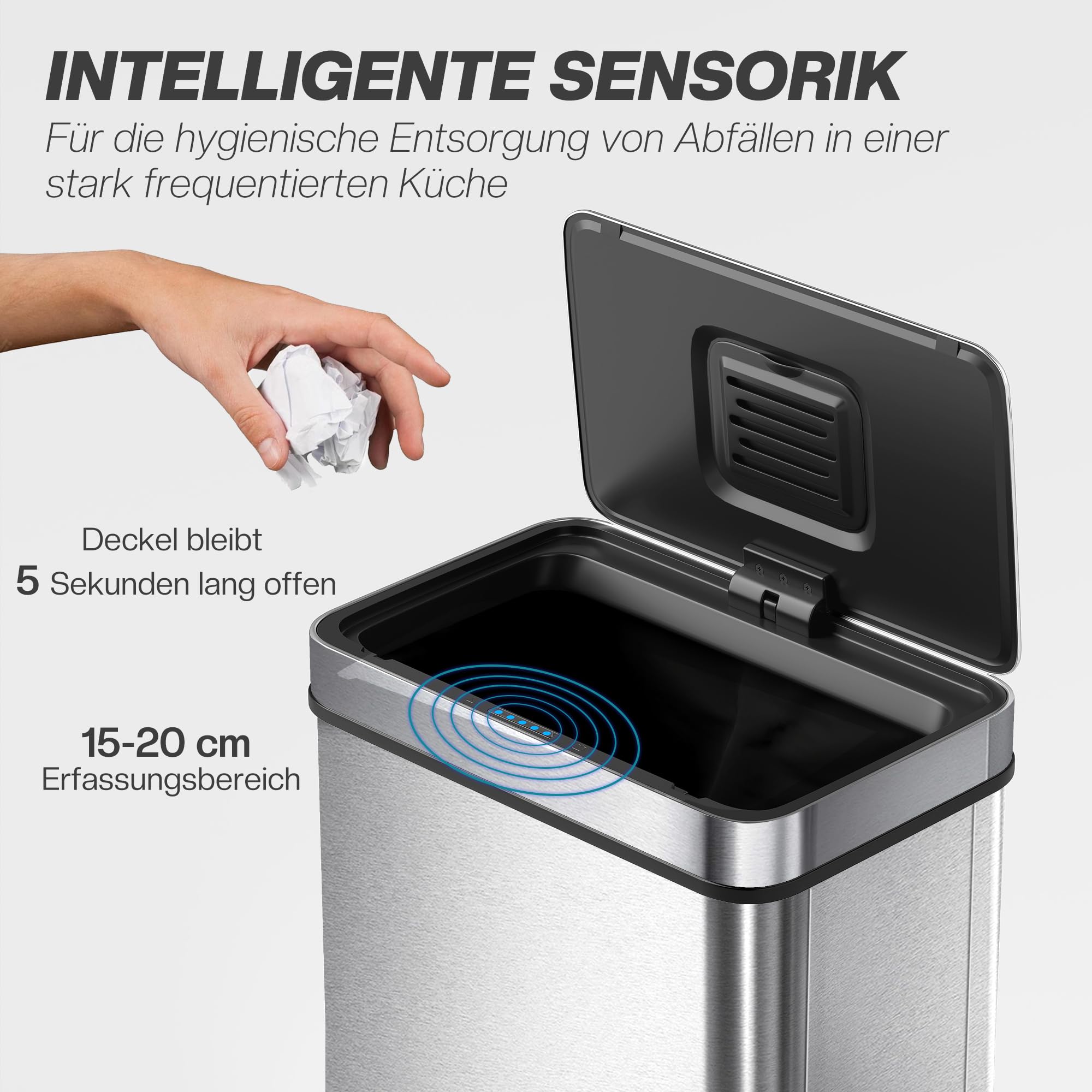 HOMCOM Mülleimer mit Sensor 60L Edelstahl Leiser Soft-Close-Deckel Silber | Automatischer Abfalleimer, Fingerabdruckresistente Mülleimer, Für Küchen, Büro, Schlafzimmer