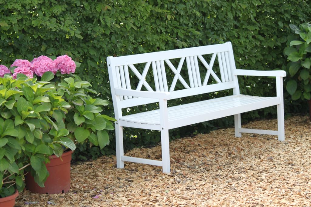 DELUKE Gartenbank Nice 3-Sitzer - 154cm Breit, Eukalyptus, Weiß | Terrassenbank Wetterfest Sitzbank Outdoor Bank