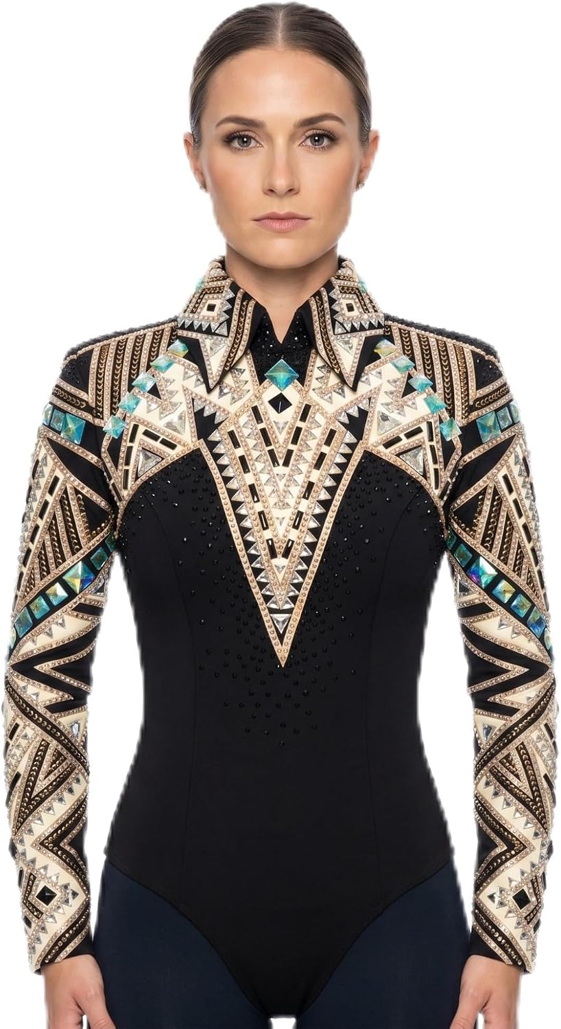 Women’s Western Show Jacket Black – Equestrian Riding Coat with Geometric Crystal Embroidery