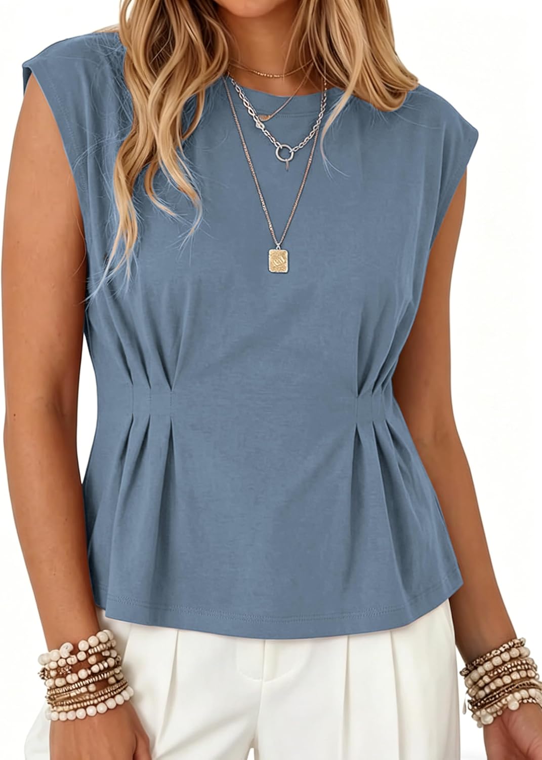 Watashi Women Summer Babydoll Tops Casual Cap Sleeve Peplum Tunic Shirt Dressy Pleated Tops Blouses