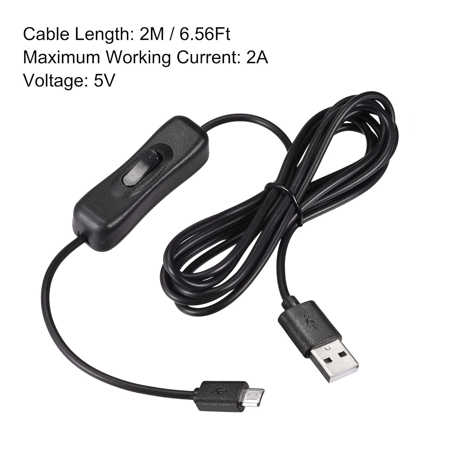 MECCANIXITY USB Cable with ON/Off Switch, USB Male to Micro USB Male Extension Cord 2M Black, for LED Desk Lamp
