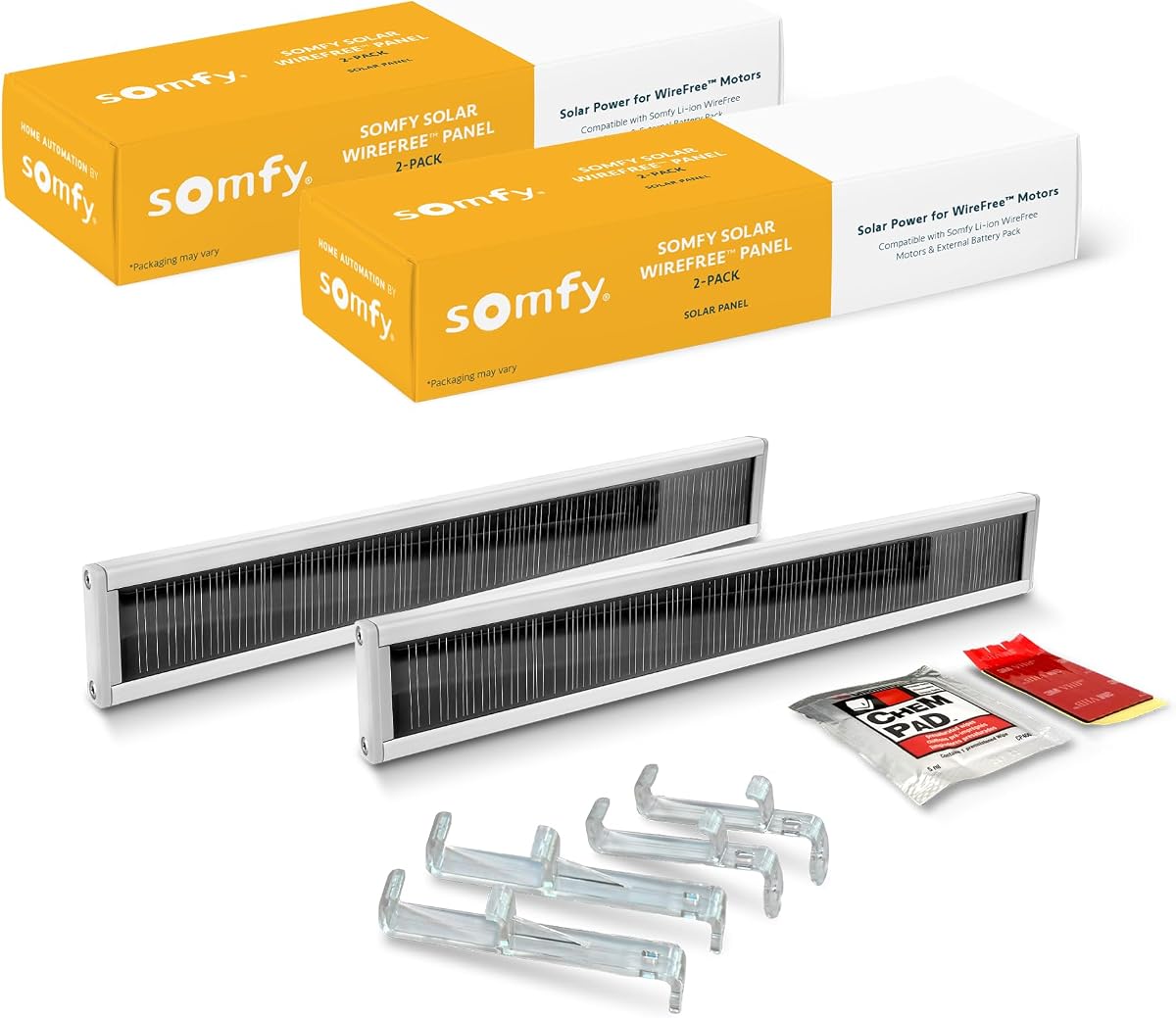 Paquete de 2 paneles solares de iones de litio sin cables Somfy - Alimentación de paneles solares para persianas, persianas y cortinas motorizadas RTS - Larga duración, fácil de instalar - Incluye soportes y adhesivo de montaje en vidrio #9027294