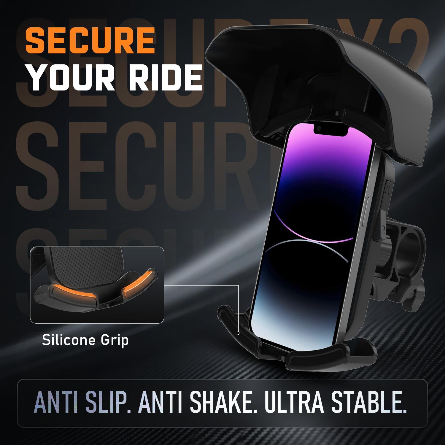 Amkette iGrip Secure X2 Bike Phone Holder for Bikes with Detachable Sunshade | Anti-Slip Silicone 4-Corner Locking Grip | Handlebar Mount | One-Press Lock | 360° Rotation | for Maps & GPS. — Amazon image 3