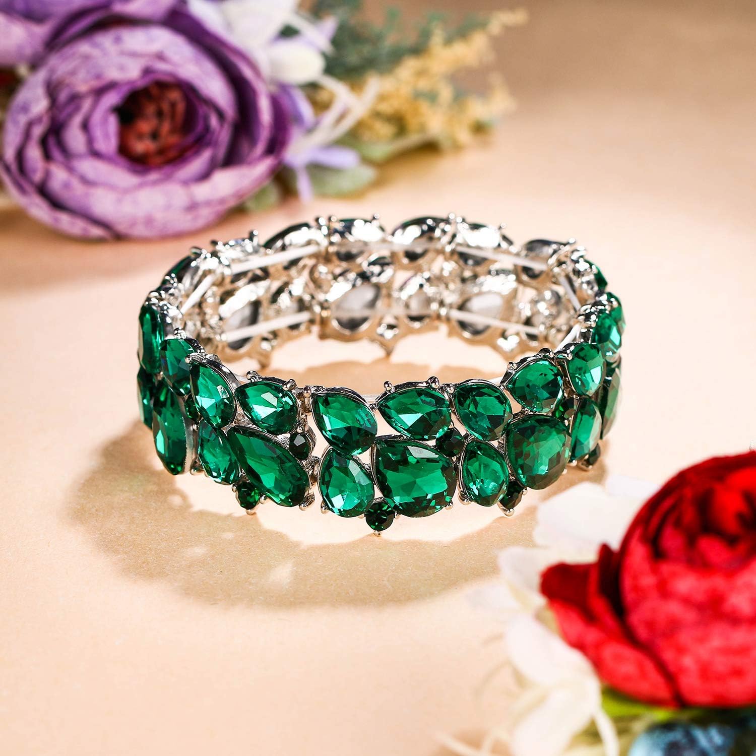 EVER FAITH Women's Wedding Party Jewelry Austrian Crystal 2 Layer Teardrop Stretch Bracelet for Her - Image 3