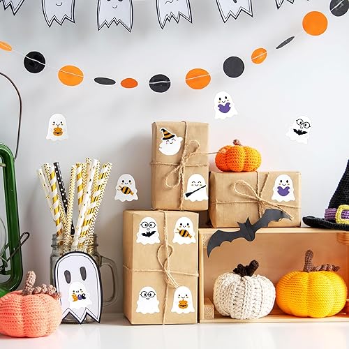 Miniatura 5 de Whaline Rollo de 1000 calcomanías de fantasmas de Halloween, rollo de calcomanías autoadhesivas de fantasmas para niños, fiesta de Halloween, sobre,