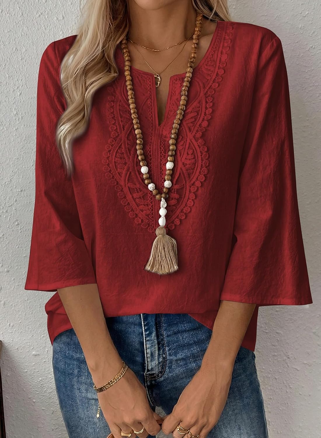 EVALESS Boho Tops for Women Blouses Dressy Casual V Neck 3/4 Sleeve Shirts Spring Outfits Trendy Vacation Clothes - Image 2