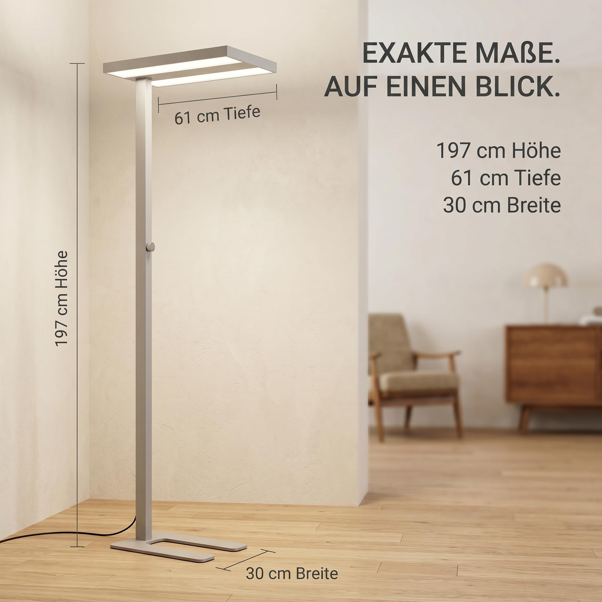 LED Büroleuchte Stehleuchte Arbeitsplatzleuchte für das Arbeitszimmer Bürolampe aus Alu, dimmbar, 4.000K Neutralweiß, 8.000lm, 60W, UGR< 19 blendfrei, Up & Down (grau)