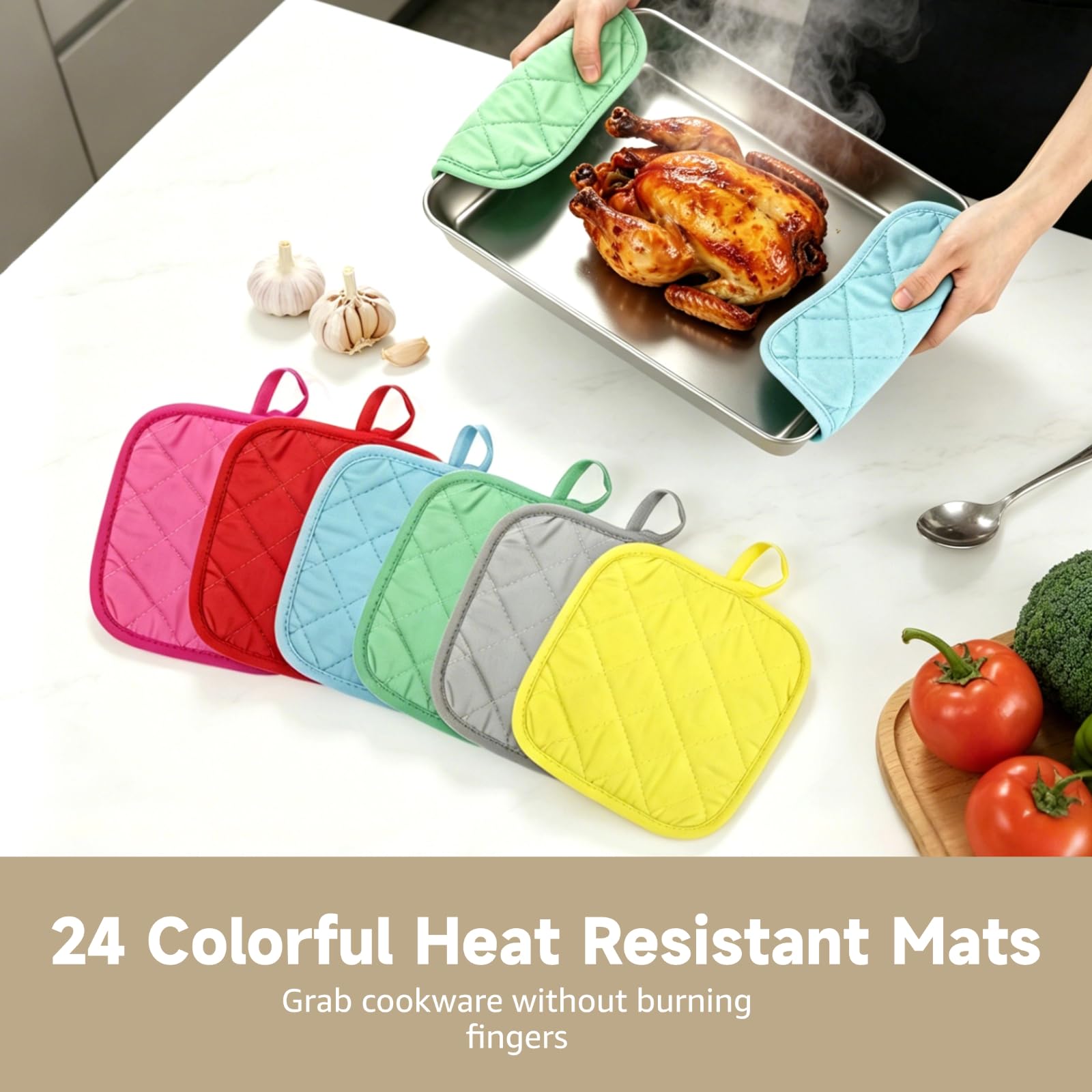 24 STK. Topflappen, 7,1 x 7,1 Zoll, Gesteppte Polyester-Wärmedämmungsunterlage für die Küche, rutschfeste quadratische Topfuntersetzer mit Aufhängeöse zum Kochen, Backen und Essen