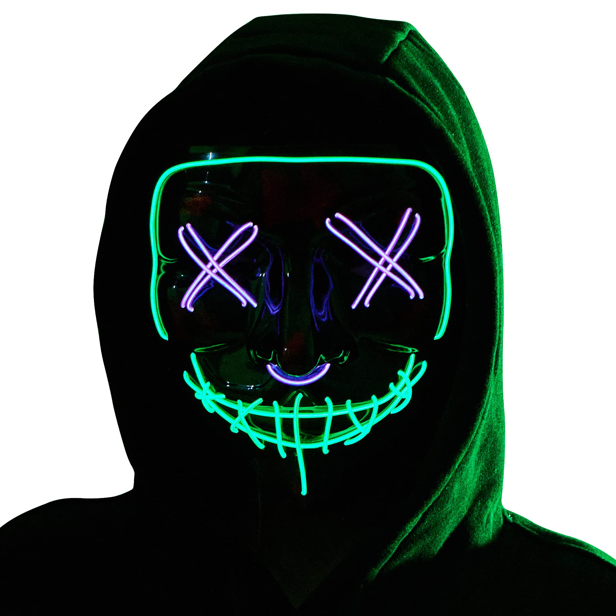 Photo 1 of Halloween Led Mask Light Up Scary Mask with 3 Lighting Modes LED Halloween Masks Scary Anonymous Mask for Adult Kids Men Women Halloween Cosplay Costume and Party Supplies (Green and Purple) Green,purple