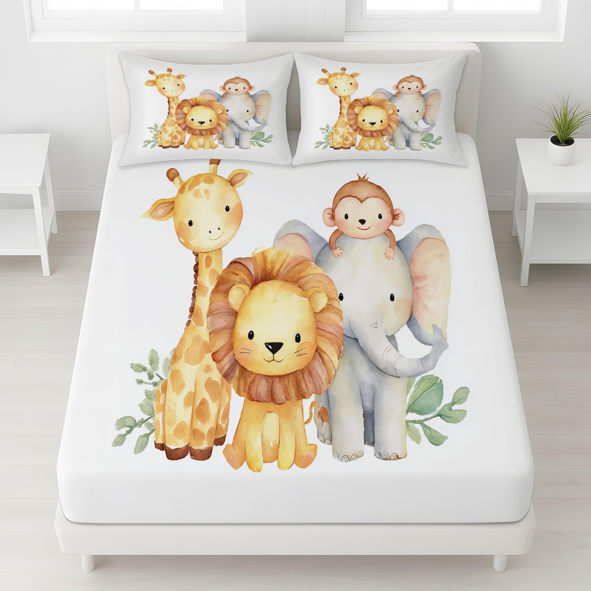 Lion, Girafe, Singe Parure de lit 90 x 200 CM - Drap-Housse Doux, Aquarelle Chambre de bébé, nurserie Housse de lit avec Poches Profondes 30 cm