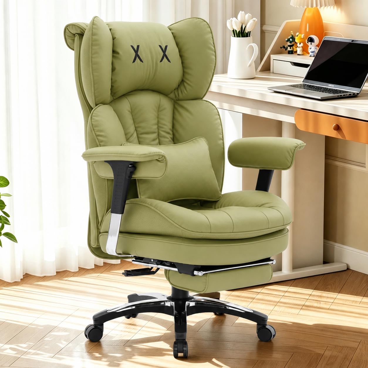 Efomao Bürostuhl, Ergonomischer Großer PU-Leder Chefsessel mit X-Stickerei, Lendenkissen, Fußstütze und Drehfunktion… – Ansicht 2