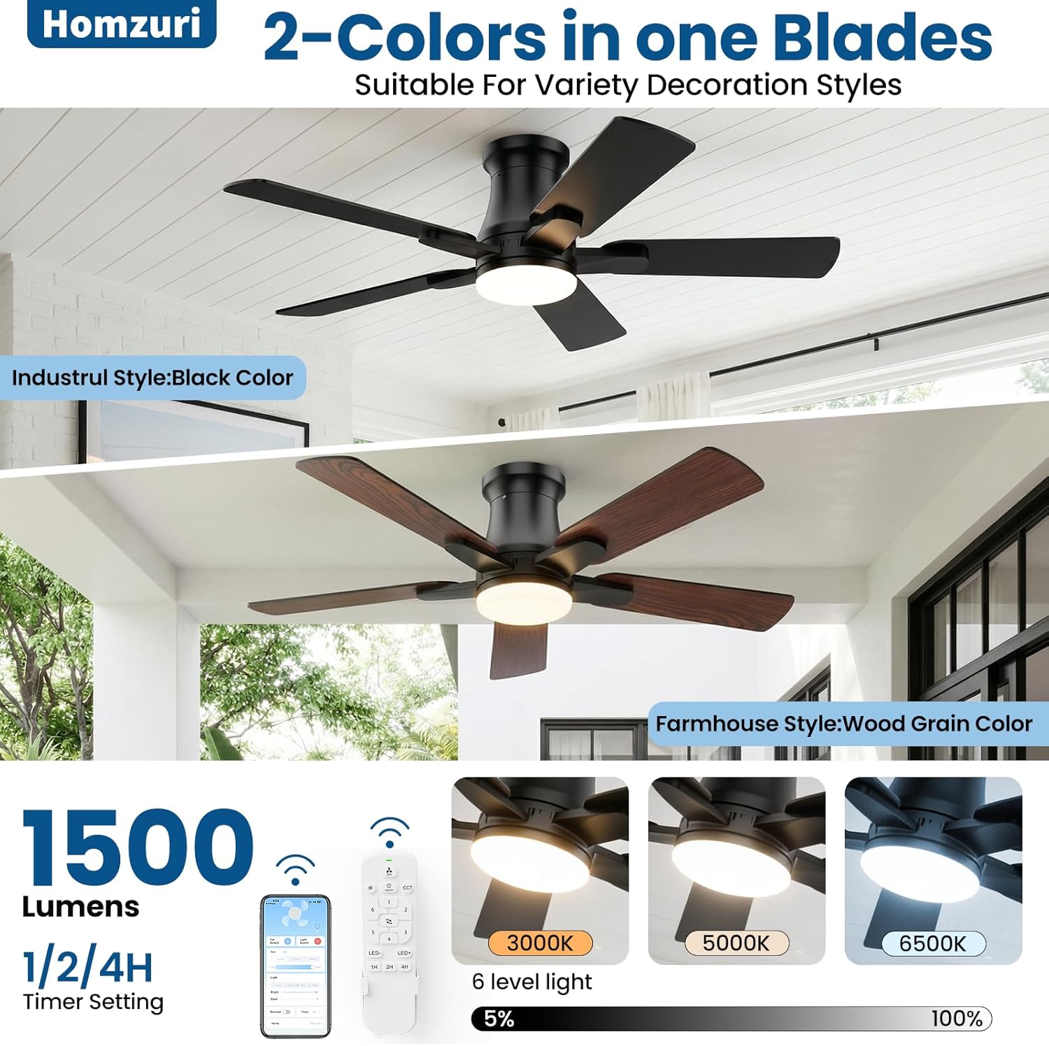 52 Inch Ceiling Fan with Light, Flush Mount Low Profile, Remote & APP Control, Silent Reversible DC Motor, 3CCT Dimmable LED, Black Modern for Bedroom Living Room