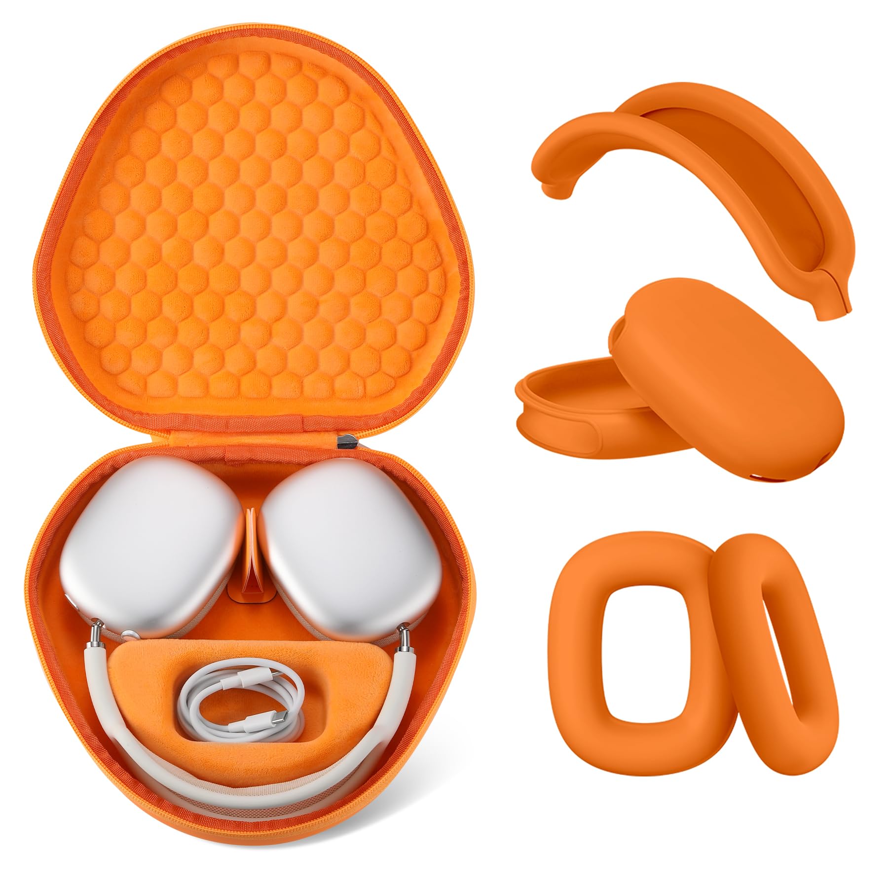 Maxjoy for Airpods Max Case, Smart Case Supports Sleep Mode, with AirPods Max Silicone Earpad Cover/Ear Cups/Headband Cover Accessories, Portable Travel Carrying Storage Bag, Orange Set