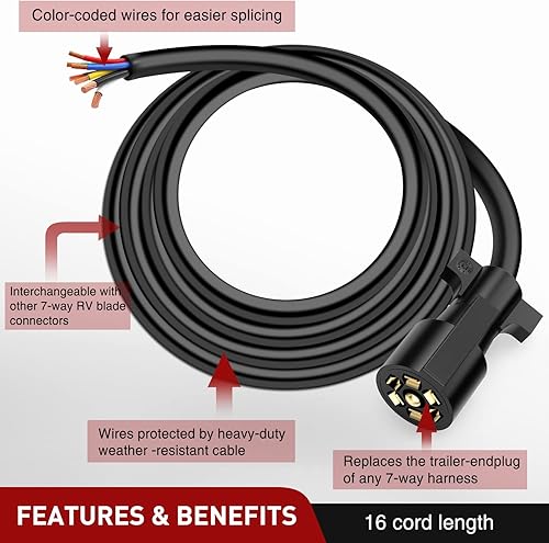 Miniatura 25 de Nilight - Cable conector reforzado de 7 vías para trailer, con caja de derivación de 7 salidas, de 8 pies de largo, apto para remolques motorizados
