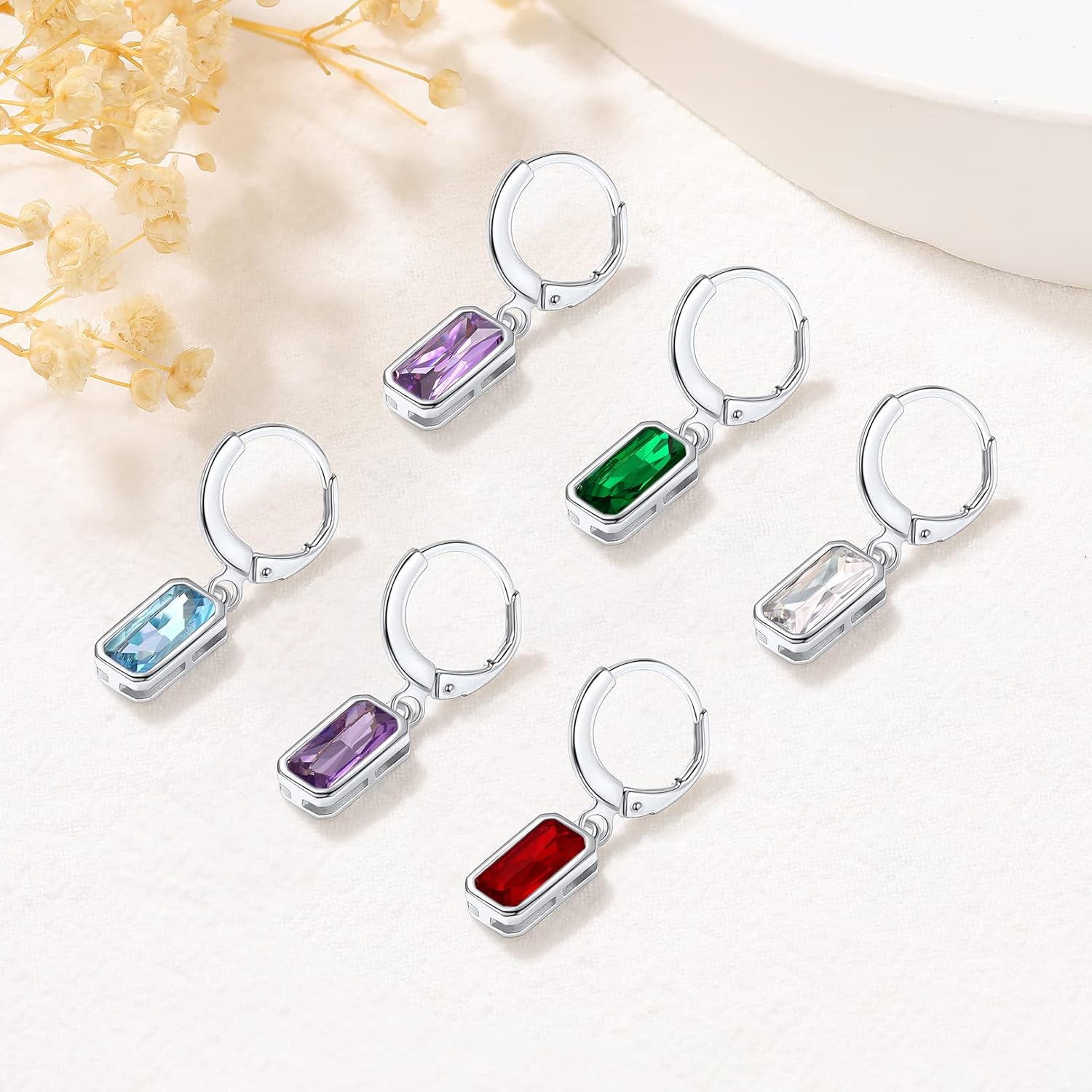 FOCALOOK Birthstone Drop Earrings for Women, 925 Sterling Silver Square Cubic Zirconia 10mm Small Huggie Hoop Earrings - Image 7