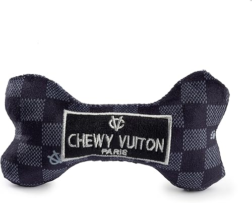 Haute Diggity Dog Black Checker Chewy Vuiton Bone, juguetes de peluche para perros con chirriador interactivo, estimulante enriquecimiento de