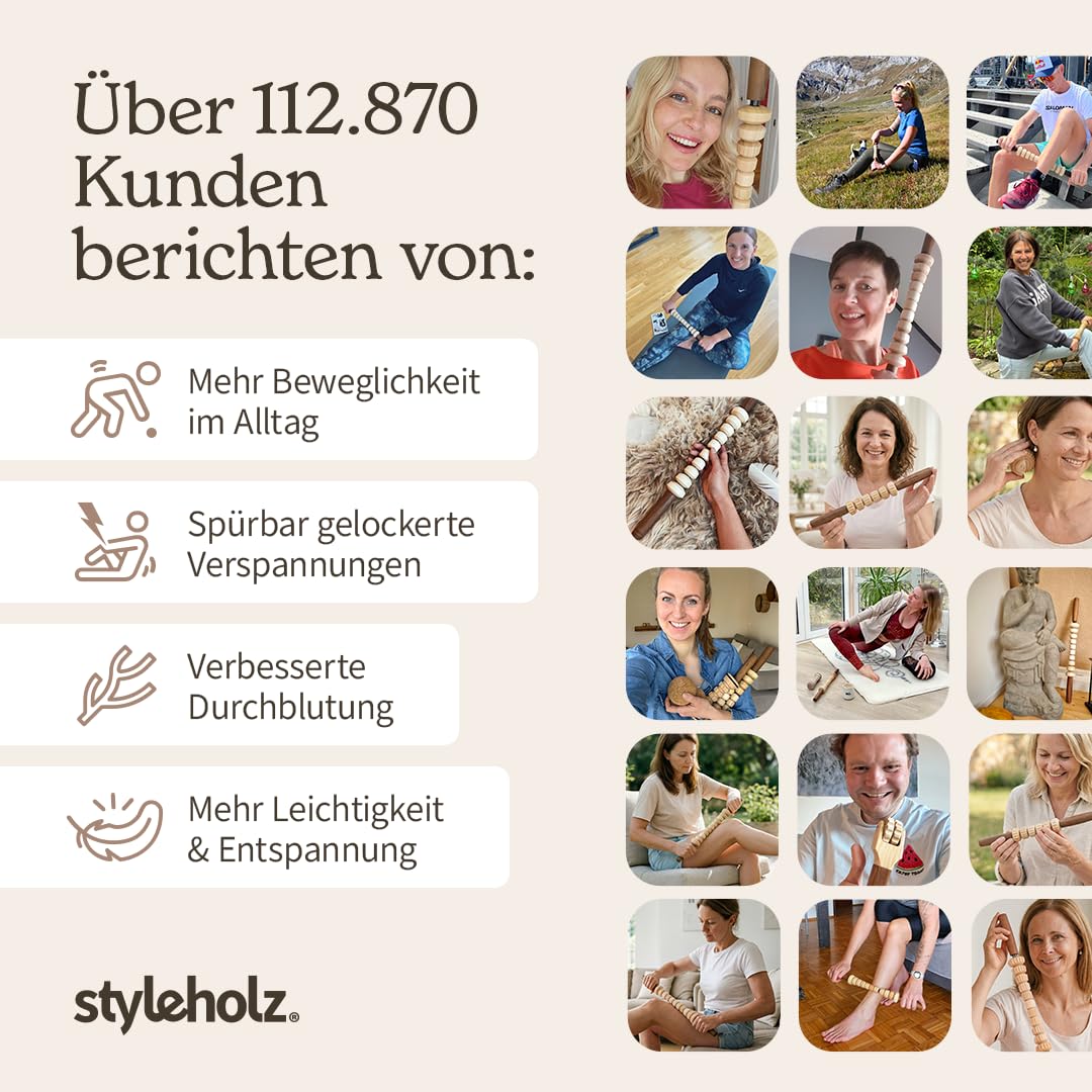 Faszienstab Woodstick FLEX mit GLATTEN Massage-Elementen [DAS ORIGINAL aus Österreich - Echte Handarbeit] Biegsamer Massage-Stab aus Holz — Einfaches Faszientraining ohne Rollen am Boden