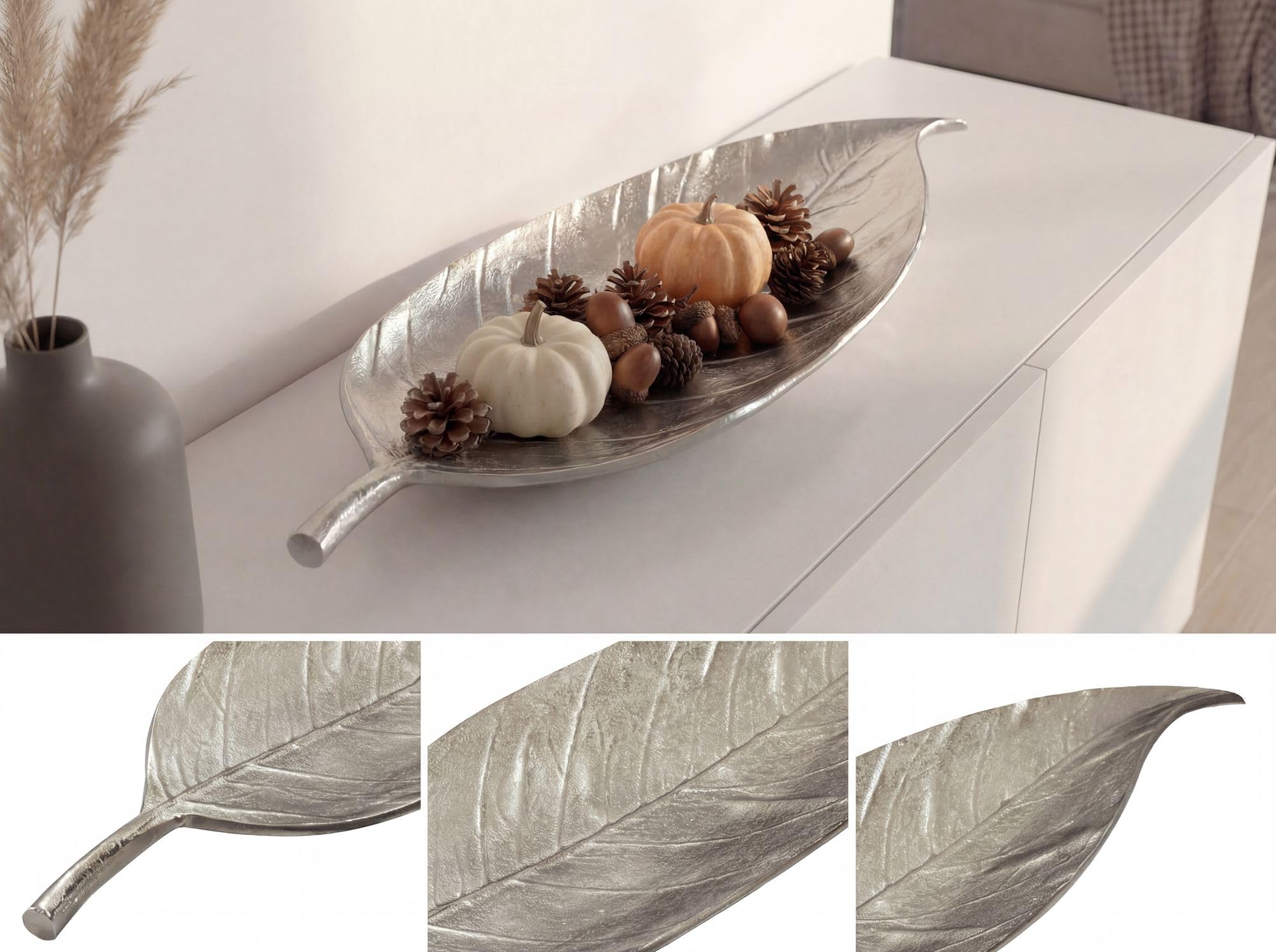 FineBuy Misa Dekoracyjna Liść 61 cm Aluminium Srebrna