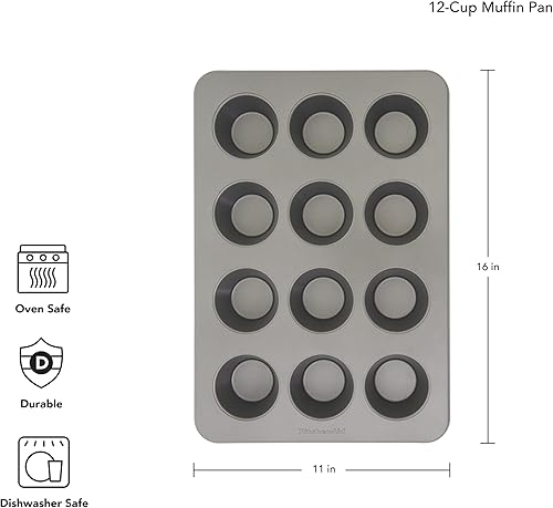 Miniatura 2 de KitchenAid Molde antiadherente de acero aluminizado para magdalenas de 12 tazas, contorno plateado