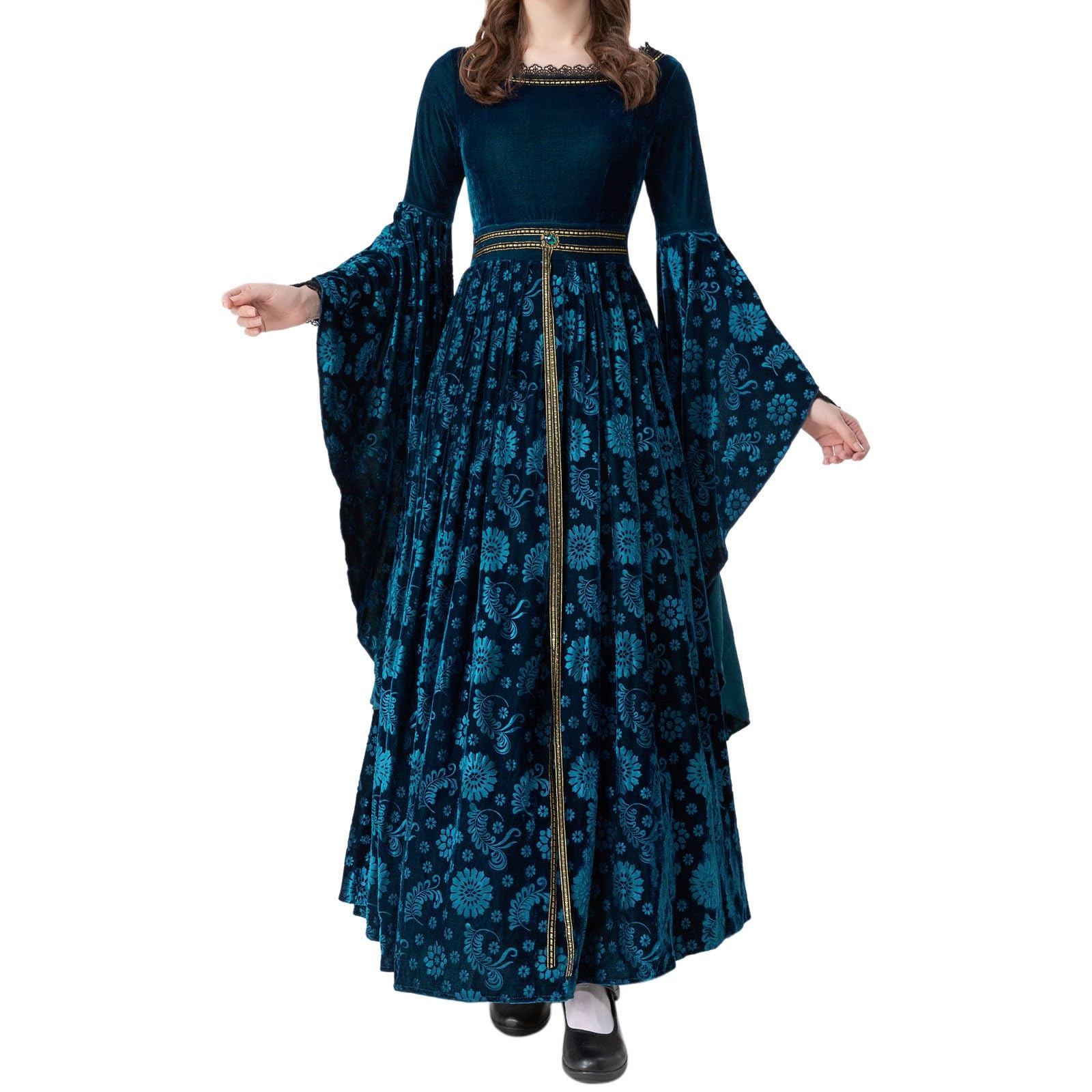 Vestidos Mujer Disfraz Halloween Mujer - Conjunto De 2 Piezas De Encaje De Manga Larga con Cuello Redondo para Mujer Vestido Retro De Cosplay Gran Maxi para Vestido De Cosplay con Capa