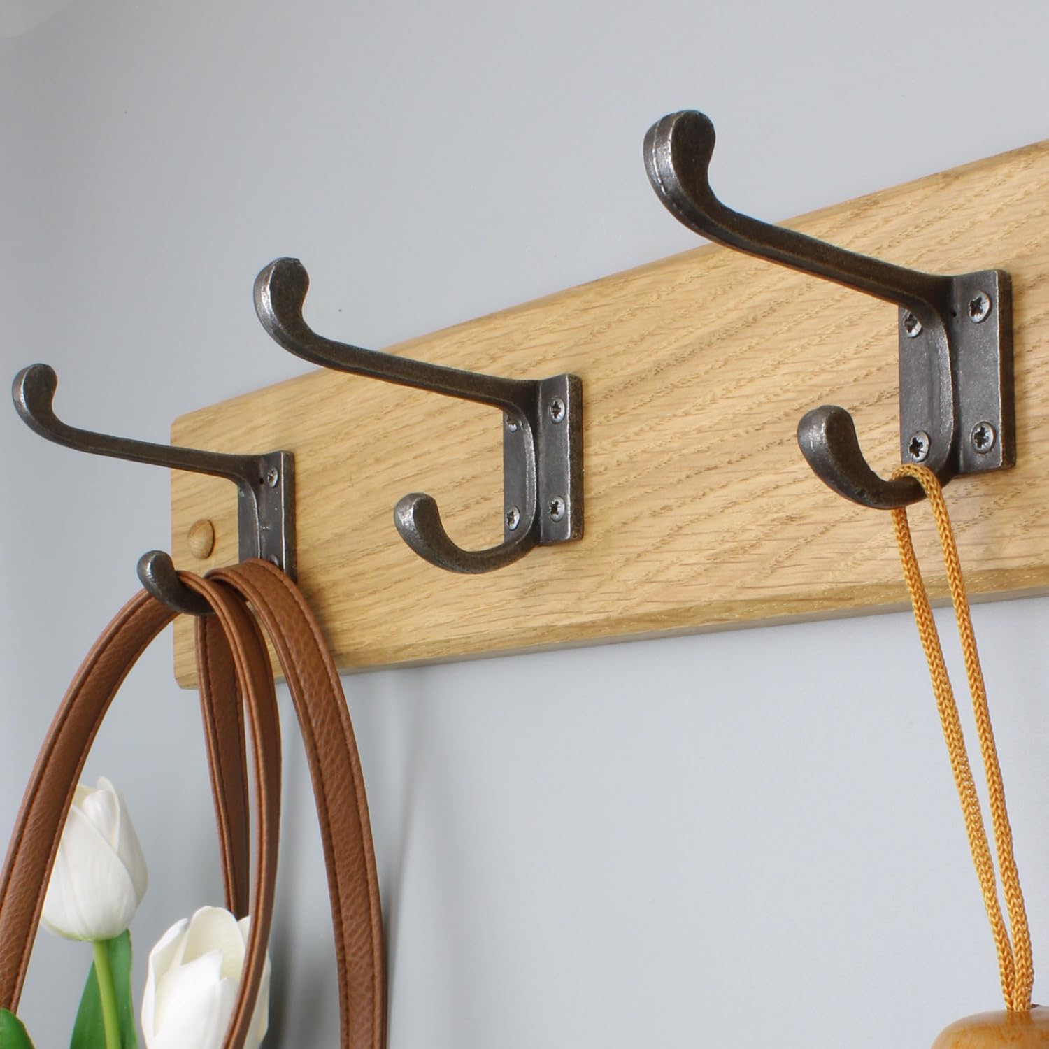 Handcrafted Solid Oak Coat Rack with Cast Iron Hooks 450mm - 3 Hooks