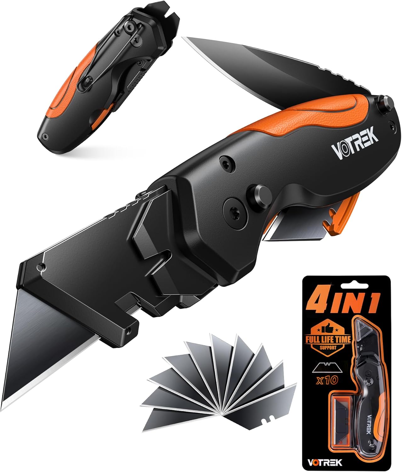 4-in-1 Multitool Folding Utility Knife Box Cutter, Pocket Knives with Belt Clip, Quick-Change Razor Knife with Blade Storage, Navajas para Trabajo,Fathers Day Dad Gifts, Extra 10 SK5 Blades