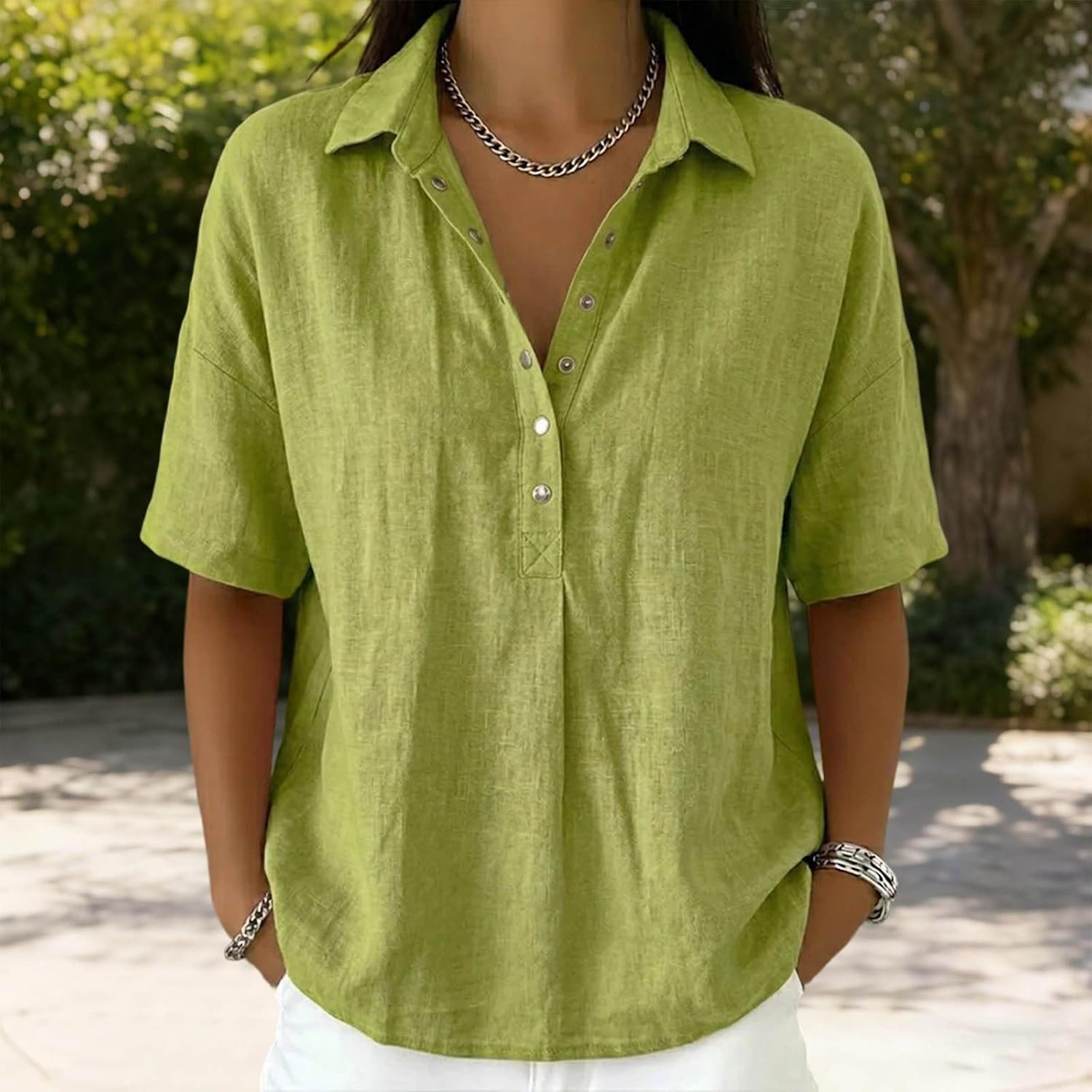 Cotton Linen Business Casual Shirt Women Button up V Neck Collared Work Blouses Short Sleeve Casual Loose Summer Top