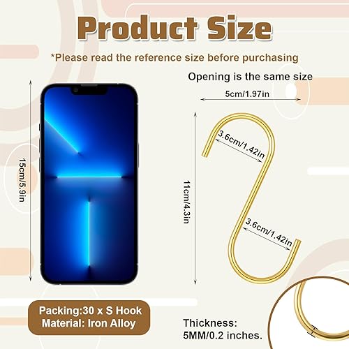 Miniatura 2 de 24 ganchos dorados en S para colgar, gancho de aleación resistente en forma de S de 4.3 pulgadas, ganchos en S perfectos para organización de