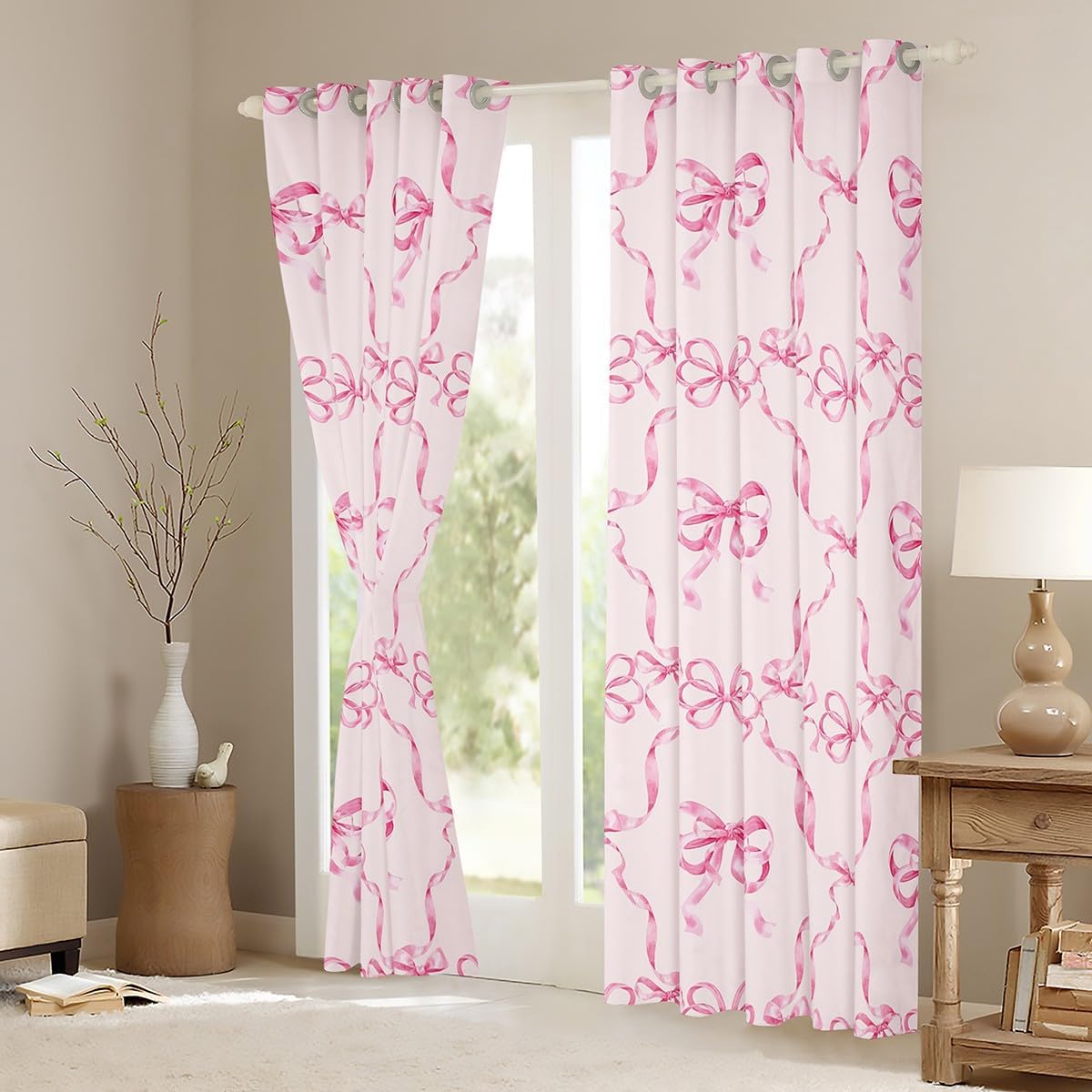 Erosebridal Girly Coquette Bowknot Blackout Curtains 42" Wx84 L, 2 Panels Princess Bow Checkered Window Curtains Fantasy Ribbon Bow Kawaii Window Treatments Drapes for Bedroom Aesthetic Pink Purple