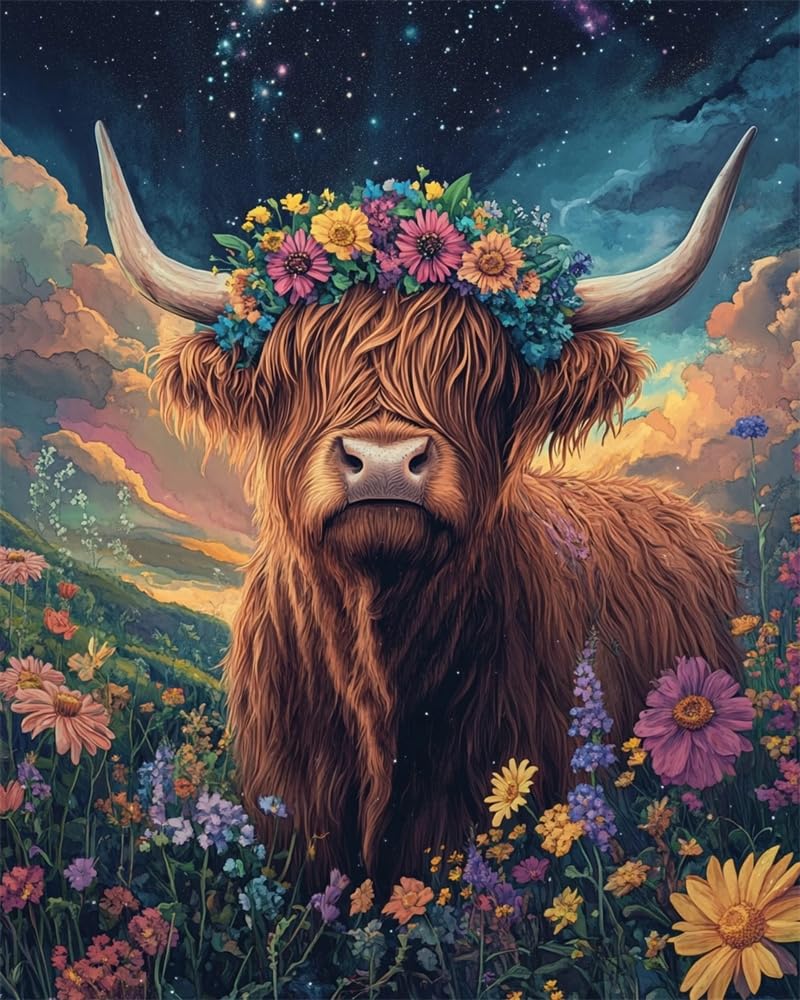 Henypt Counted Cross Stitch Kits for Adults Embroidery Highland Cattle Wearing A Floral-Wreath Hat 11Ct Stamped Cross Stitch Kit Pattern Embroidery Kit Pre-Printed Fabric Home Decor Adult Craft Kit