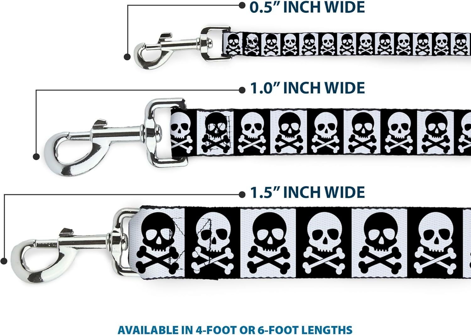 Dog Leash Skull Cross Bones Blocks Black White White Black 6 Feet Long 1.0 Inch Wide