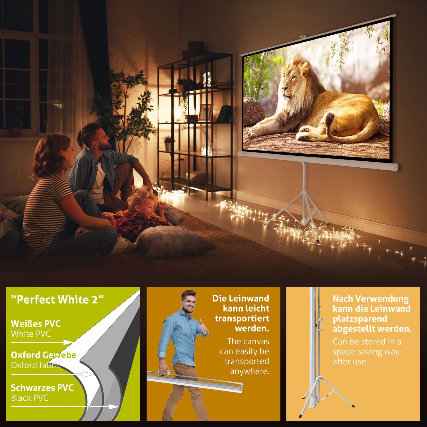 ESMART Professional MISATI schermo su treppiede L tot. 202 cm, telo bianco | Area di proiezione 186 × 105 cm, formato 16:9, telo bianco per home cinema e presentazioni, uso mobile
