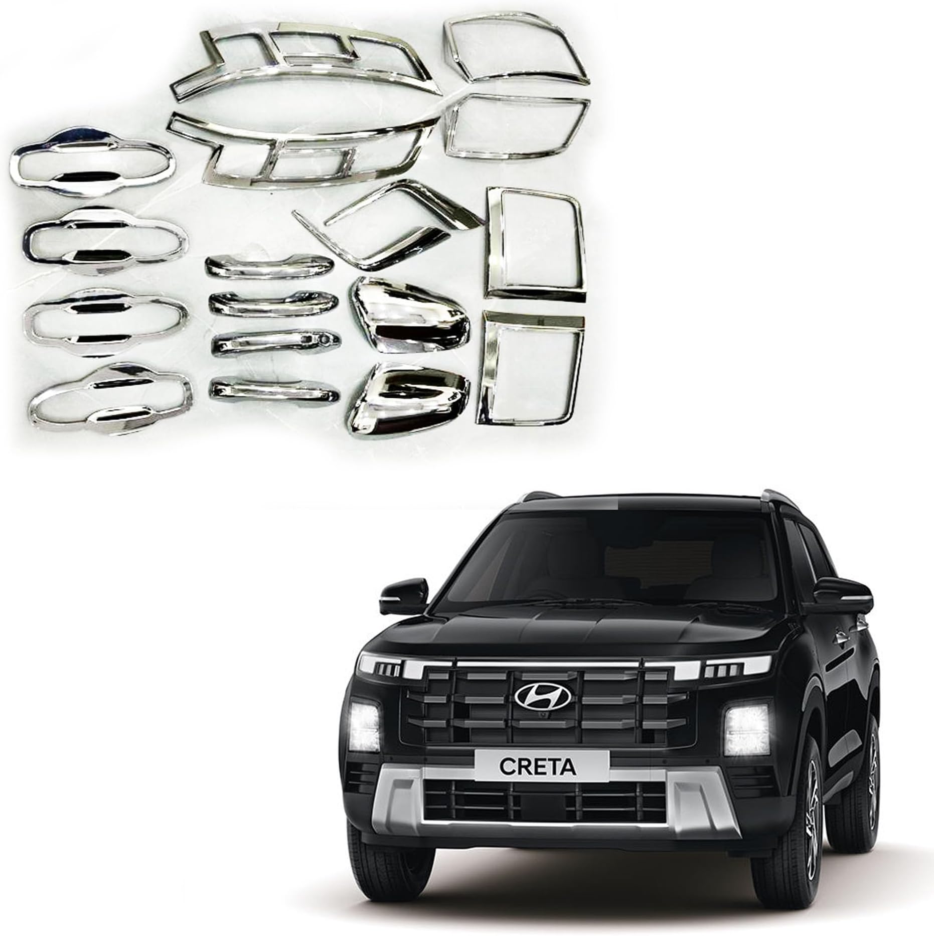 CAR SAAZ Exterior Chrome Accessories Combo Kit Compatible with Creta Type 4(2024-Present) Set of 18PCS
