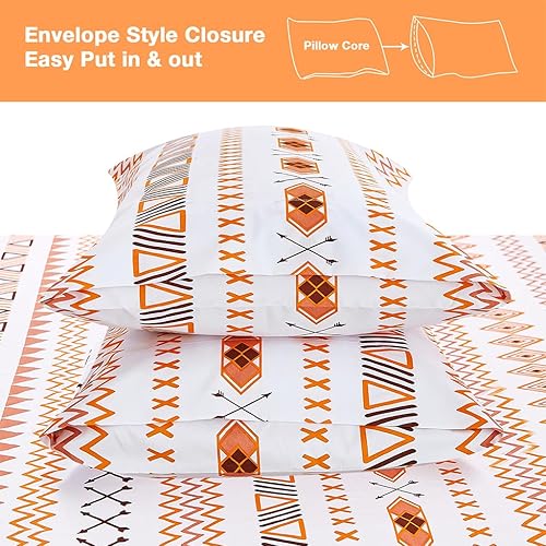 Miniatura 3 de JSD Juego de sábanas geométricas naranjas de 4 piezas, tamaño matrimonial, sábanas de microfibra suave estilo bohemio, bolsillo extra profundo, sin