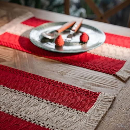 Miniatura 3 de Juego de 4 manteles individuales de mezcla de lino y algodón con borlas, estilo bohemio, macramé, Navidad, Acción de Gracias, rústico, para regalo