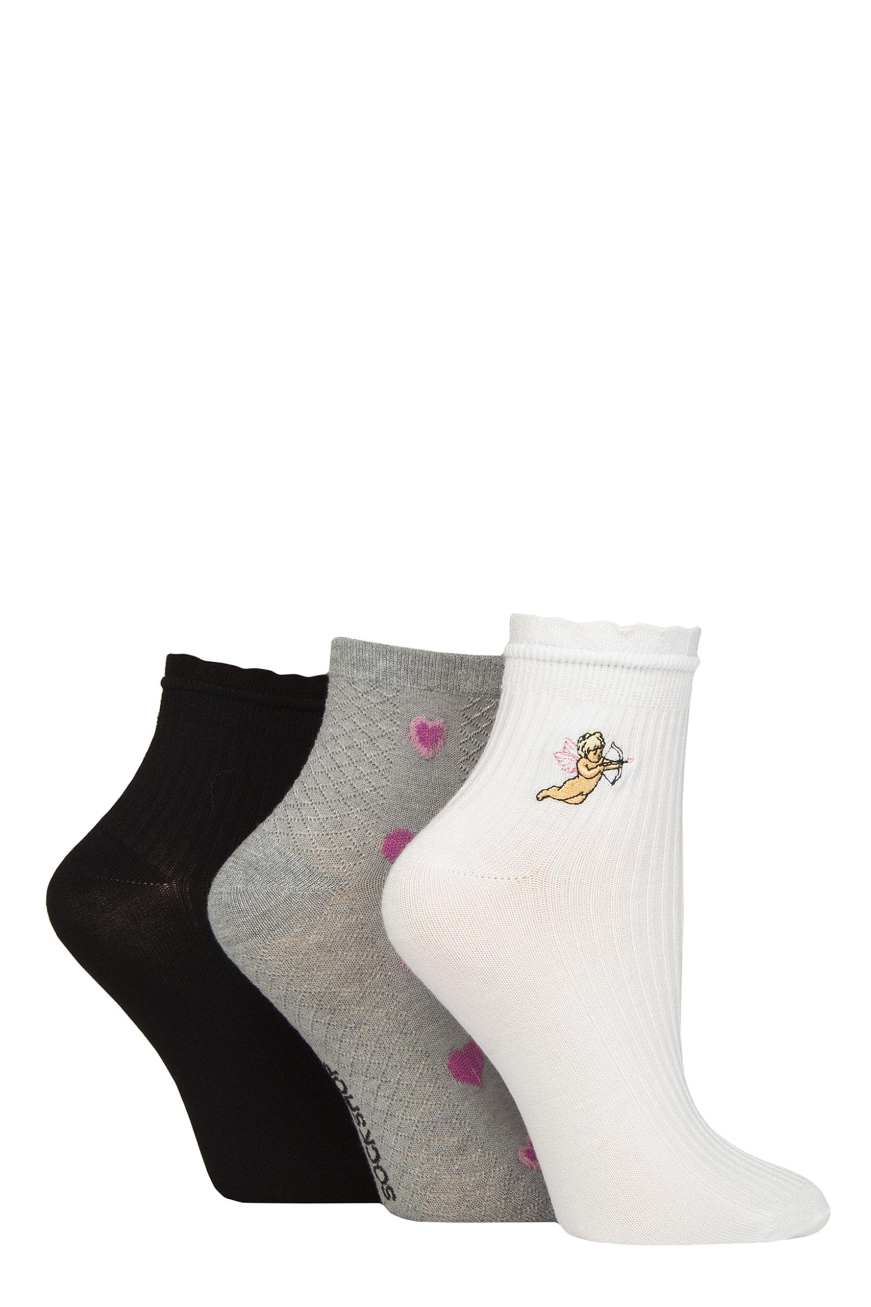 ELLE Ladies Bamboo Anklet Socks - With Frill Welt Cuff, Embroidered Motifs, Textured Weaves,Ribbed in Soft Breathable Cooling Material Multipack of 3 Pairs Size 4-8 Cherub