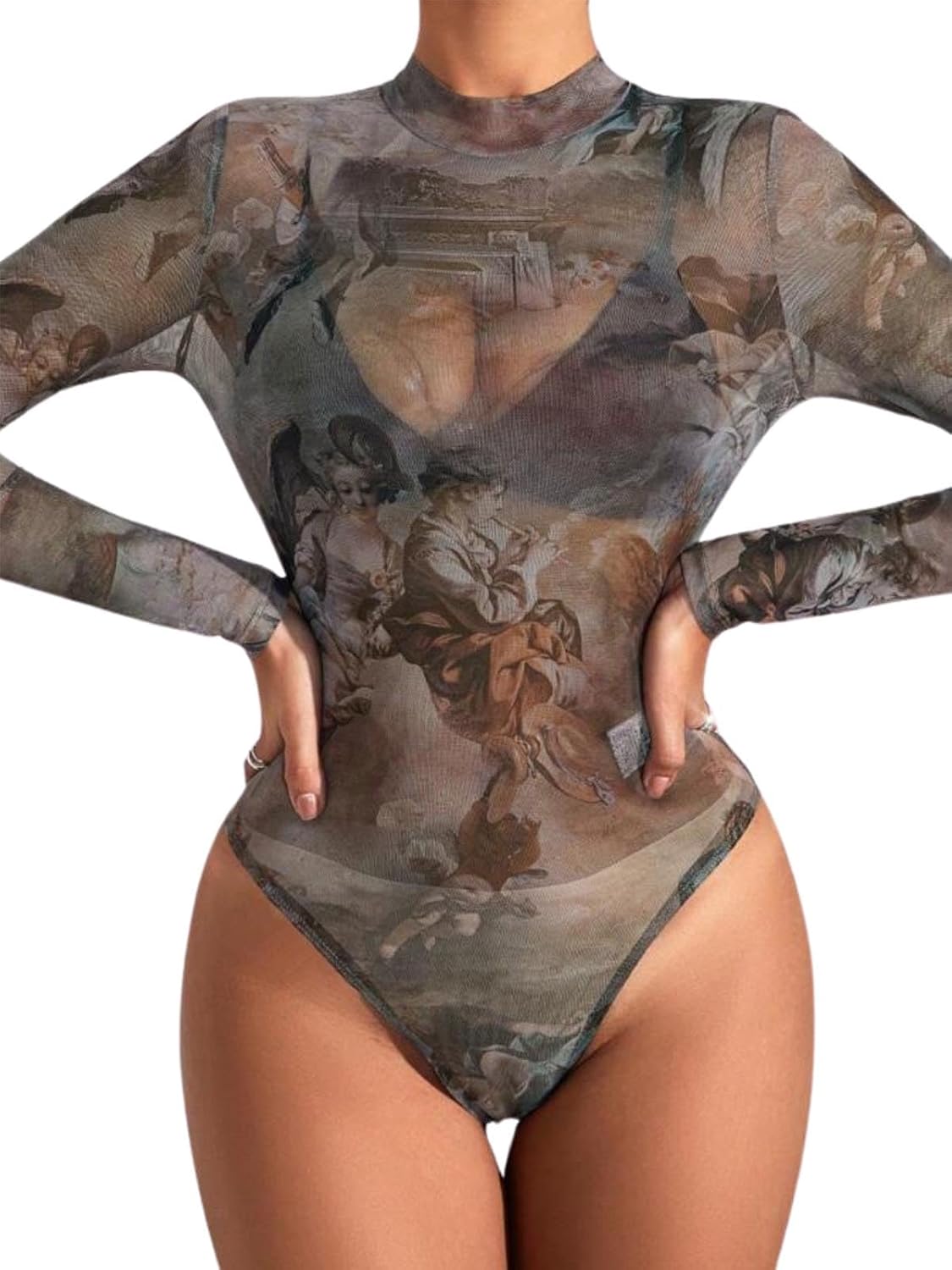 AVZXSA Women's Printed Mesh Long Sleeve Bodysuit, Sexy One Piece with Mock Neck Snap Crotch Leotard Top