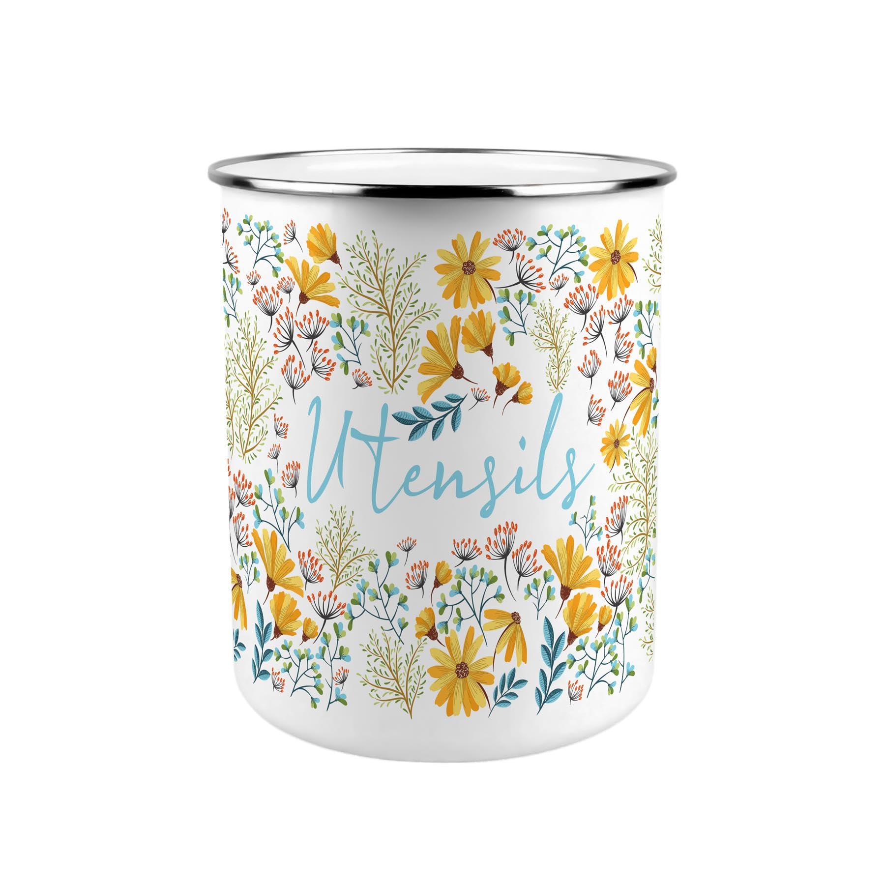 Yellow Daisies Utensil Pot - Enamel XL Kitchen Utensil Organiser Decor Gift
