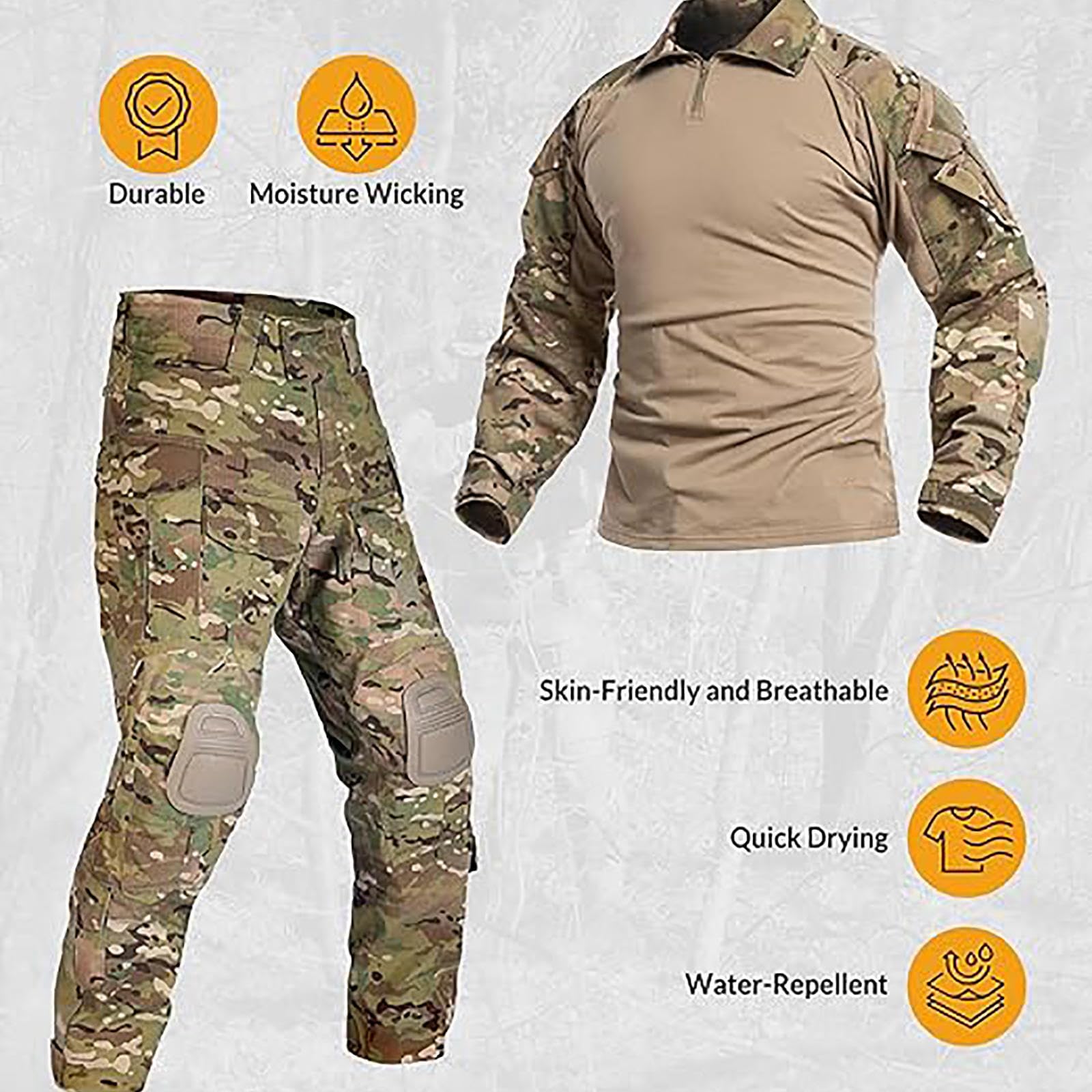 HAZARA Chemise De Combat Uniformes Rip-Stop à Manches Longues Pantalon De Camouflage Homme avec Coudières,Genouillères Et Gants De Combat Pantalon De Combat