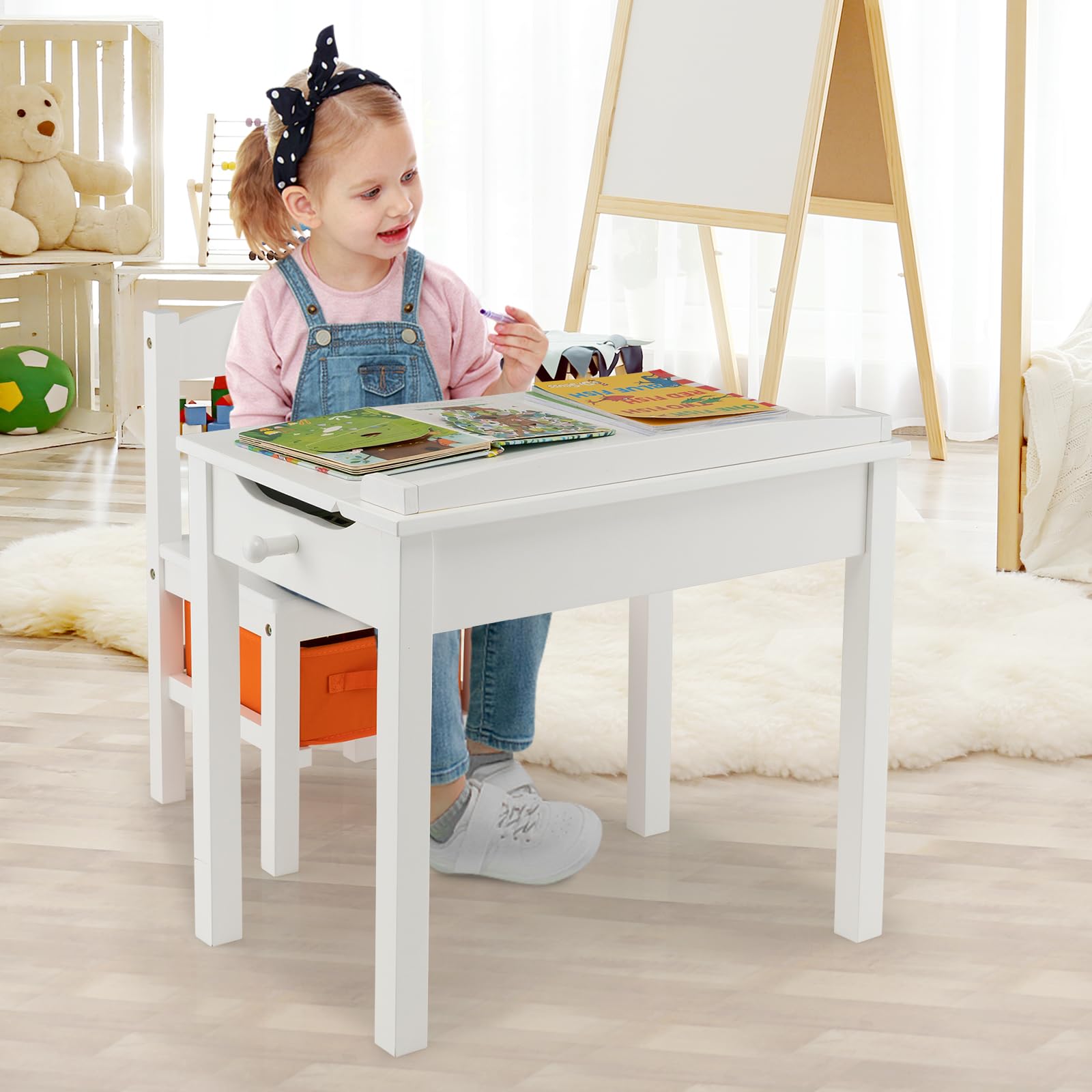 DREAMADE Kindertisch mit Stuhl, Kinderschreibtisch Kinder Schreibtisch aus Holz, Kindersitzgruppe mit Stauraum & Stoffbox (Weiß)