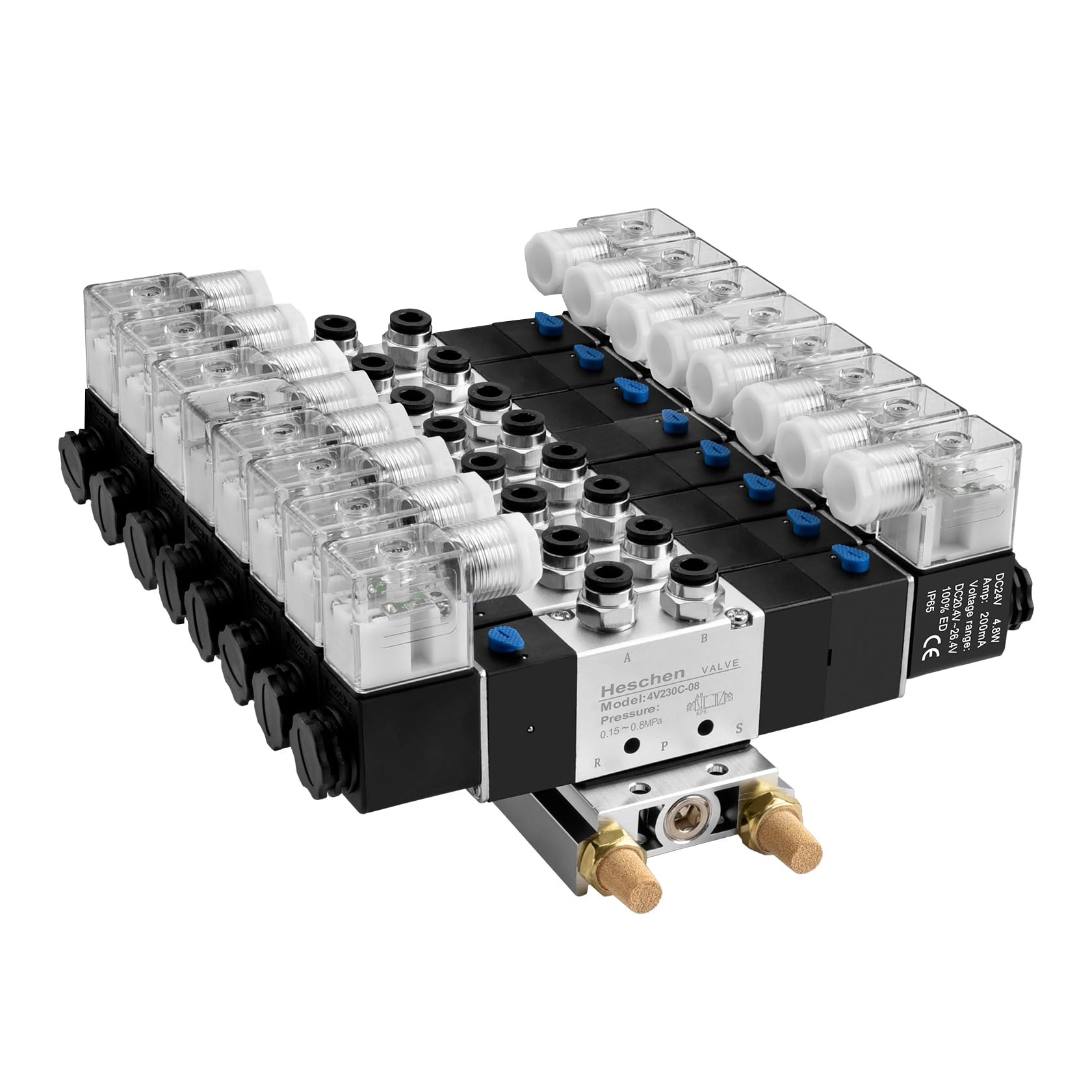 Heschen Electroválvula neumática eléctrica 8, 4V230C-08, 24VDC, PT1/4, 5 vías 3 posición, base del colector, silenciador, conjunto de accesorios rápidos, CE
