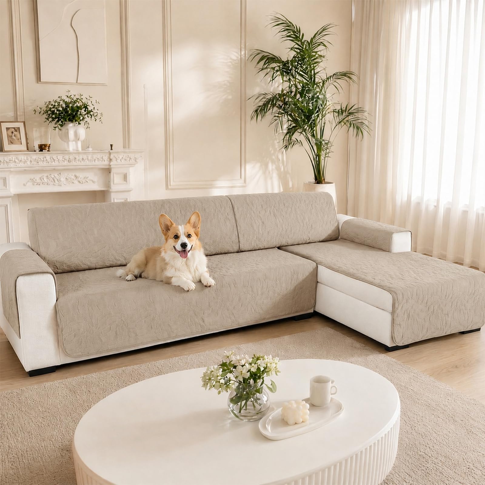 Sofabezug für Ecksofa, L-Form, 3 Sitzer, Wasserdicht, rutschfest, Universal, Reversibel, mit Armlehne, Waschbar, für Hund und Katze (Beige)