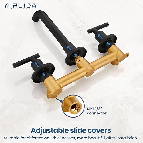 Miniatura 2 de Airuida Grifo de lavabo de baño extendido montado en la pared, grifo mezclador de lavabo de tocador, 2 manijas de palanca, 3 agujeros, caño