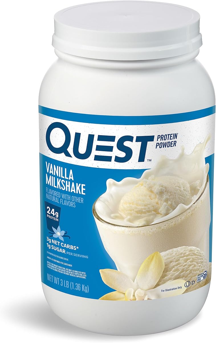 Quest Nutrition Vanilla Milkshake Protein Powder, 24g of Protein, 1g of Sugar, Low Carb, Gluten Free, 3 Pound, 43 Servings | 43 Servings, 3g Net Carbs, 1g Sugar, Low Carb, Gluten Free